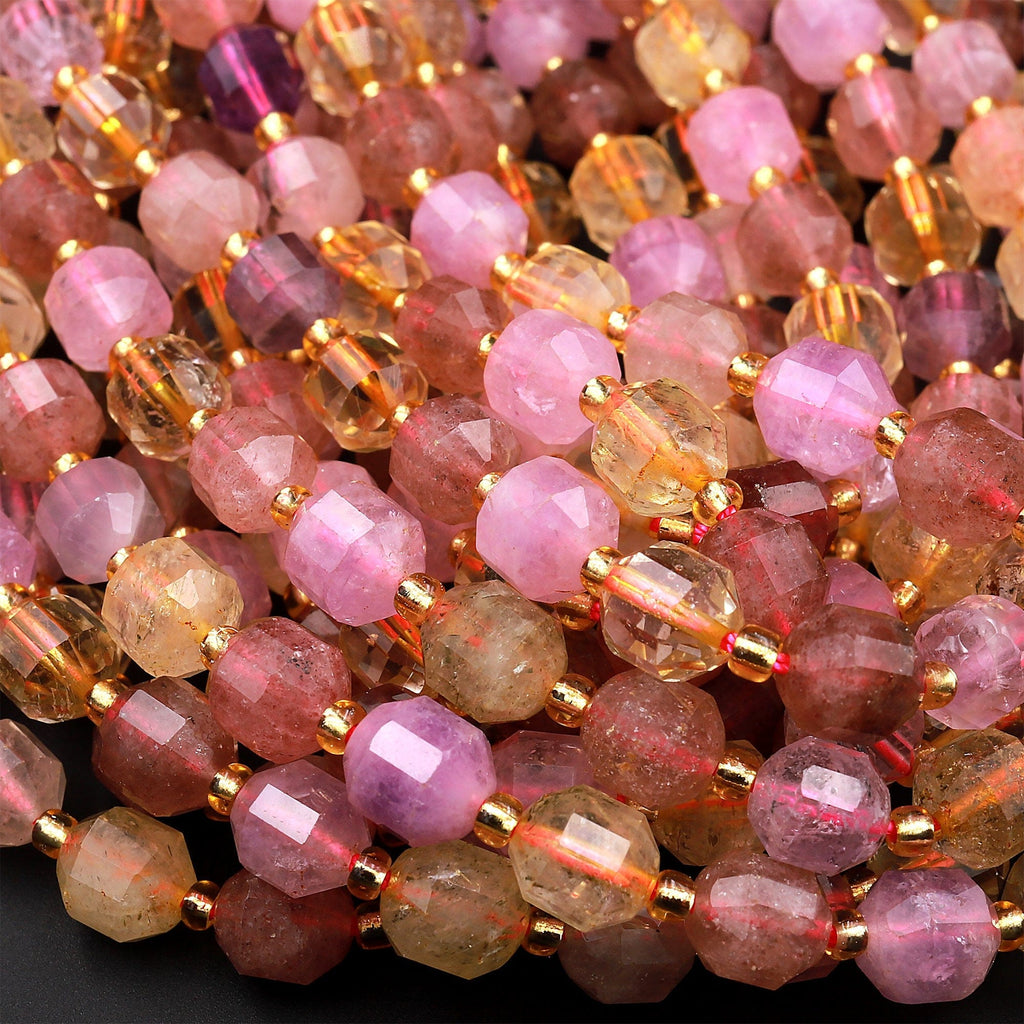 Faceted Natural Golden Citrine Pink Rose Quartz Red Strawberry Quartz 8mm 10mm Beads Energy Prism Cut 15.5&quot; Strand
