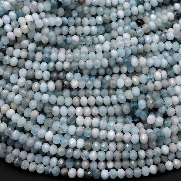 Micro Faceted Natural Aquamarine 4mm Rondelle Beads Laser Diamond Cut Gemstone 15.5&quot; Strand