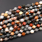 Natural Landscape Ocean Jasper 8mm 10mm Beads Faceted Energy Prism Double Terminated Points 15.5&quot; Strand