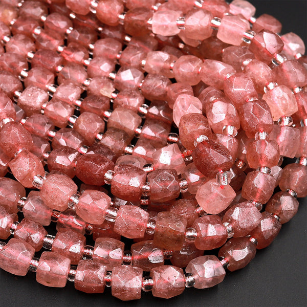 Natural Strawberry Quartz Faceted 8mm 10mm Dice Cube Square Beads 15.5&quot; Strand