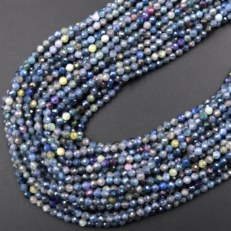 Real Genuine Burma Sapphire Faceted 2mm 3mm 4mm Round Beads Natural Multicolor Blue Purple Green Pink Gemstone 15.5&quot; Strand