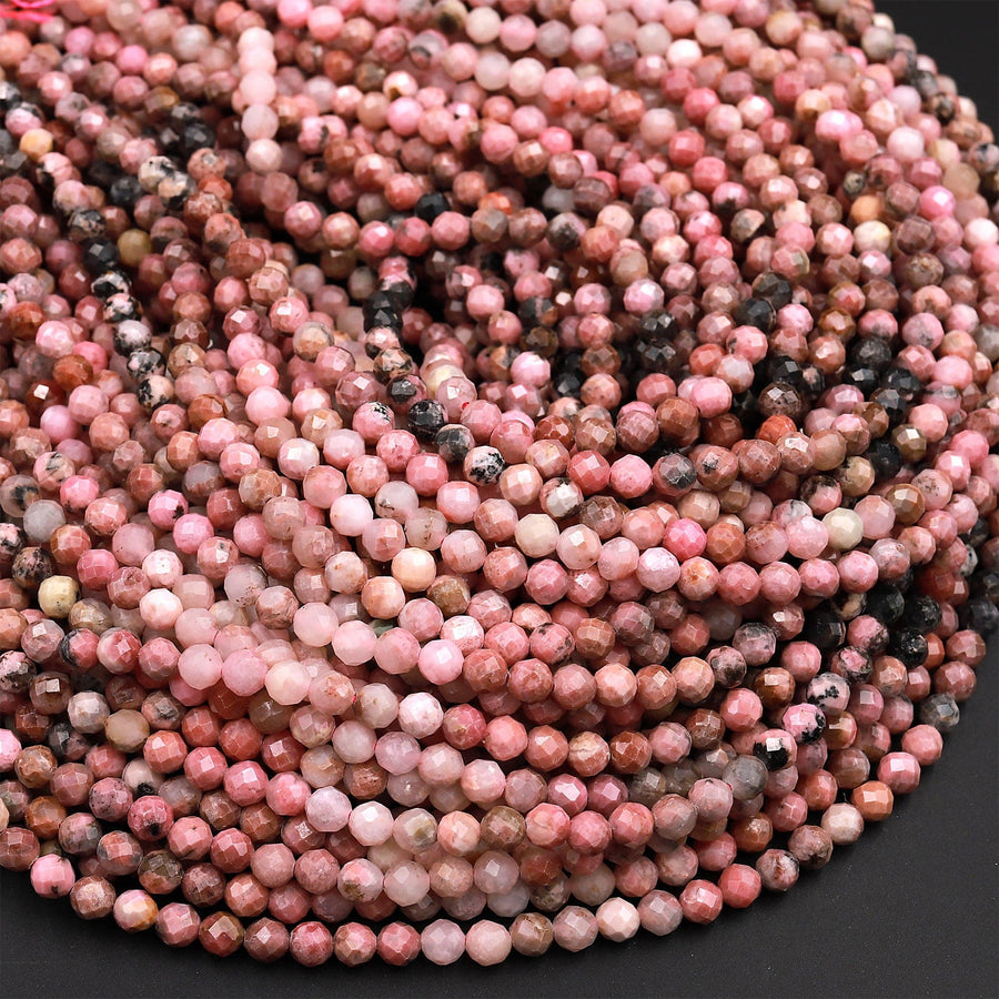 Micro Faceted Multicolor Rhodonite 4mm Round Beads Natural Pink Black Gemstones 15.5&quot; Strand