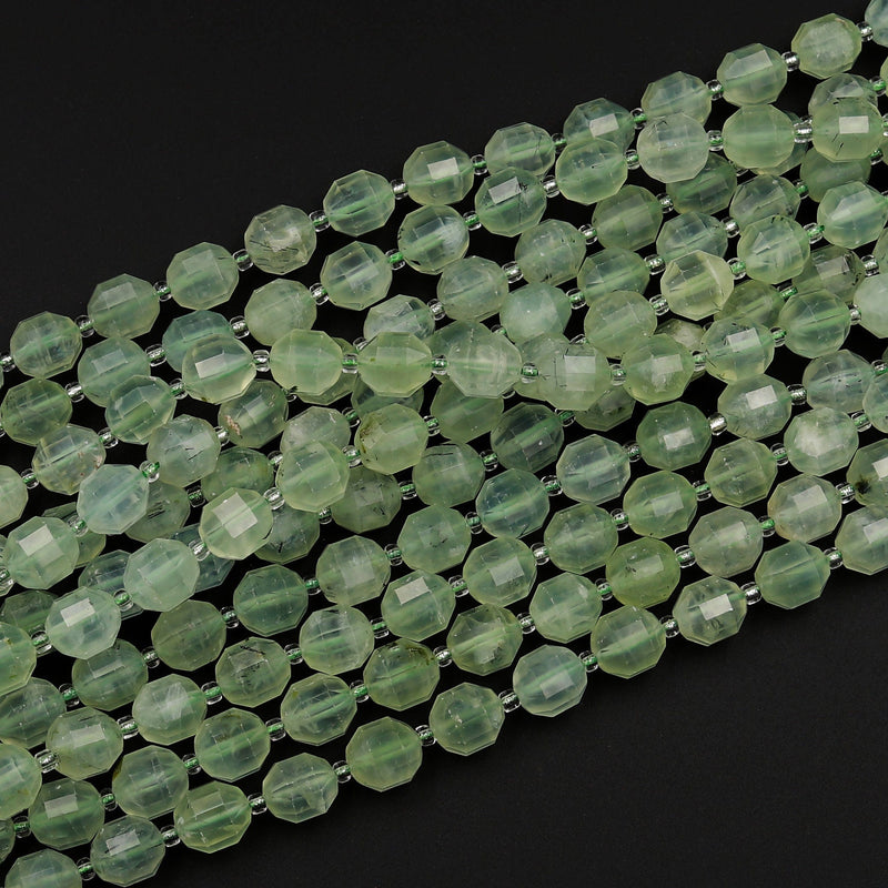 AAA Natural Prehnite 8mm 10mm Beads Faceted Energy Prism Double Terminated Point Cut 15.5&quot; Strand