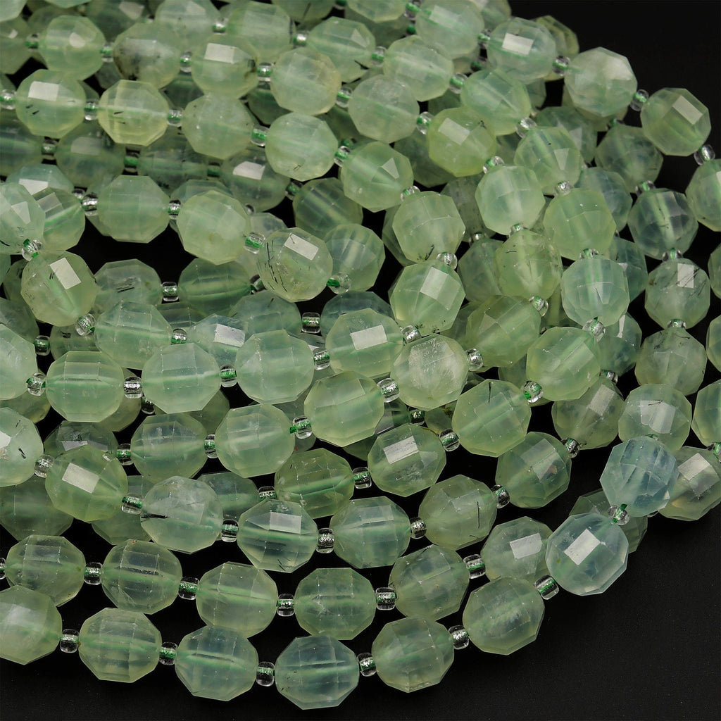 AAA Natural Prehnite 8mm 10mm Beads Faceted Energy Prism Double Terminated Point Cut 15.5&quot; Strand