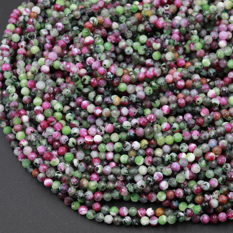 Micro Faceted Natural Ruby Zoisite 2mm 3mm 4mm Round Beads Laser Diamond Cut Red Ruby Green Zoisite Gemstone 15.5&quot; Strand