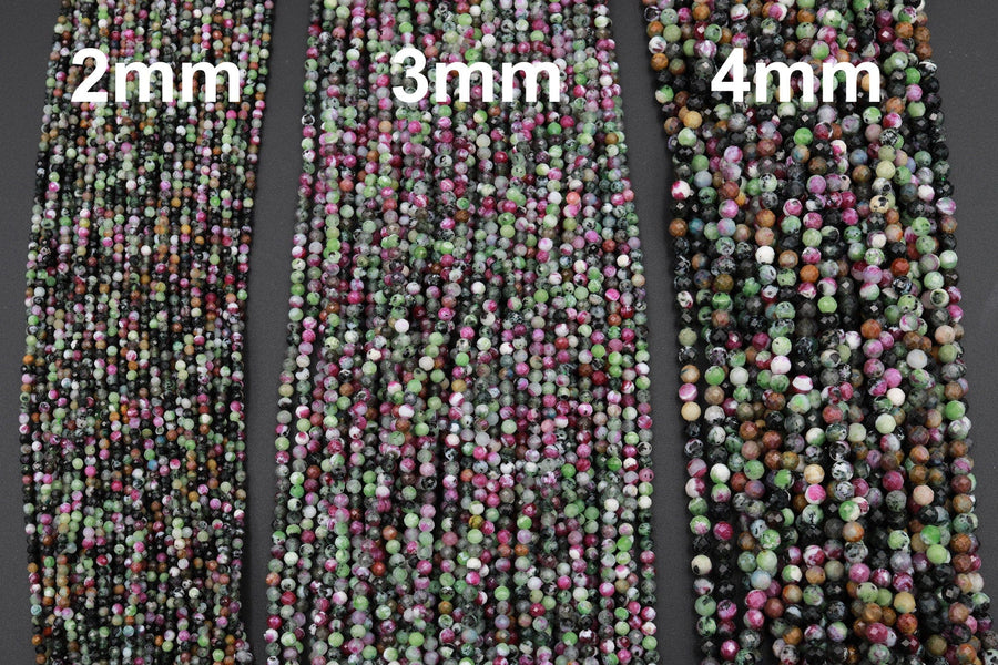 Micro Faceted Natural Ruby Zoisite 2mm 3mm 4mm Round Beads Laser Diamond Cut Red Ruby Green Zoisite Gemstone 15.5&quot; Strand