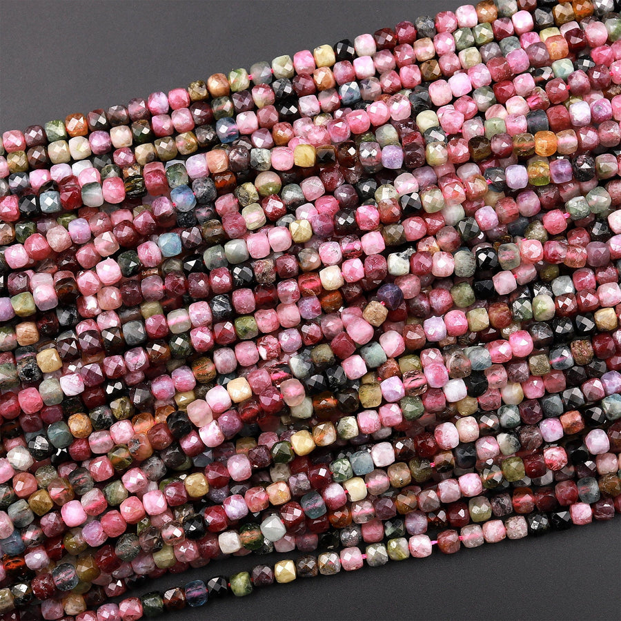 Natural Tourmaline Faceted 4mm Cube Square Dice Beads Watermelon Pink Green Red Blue Gemstone 15.5&quot; Strand