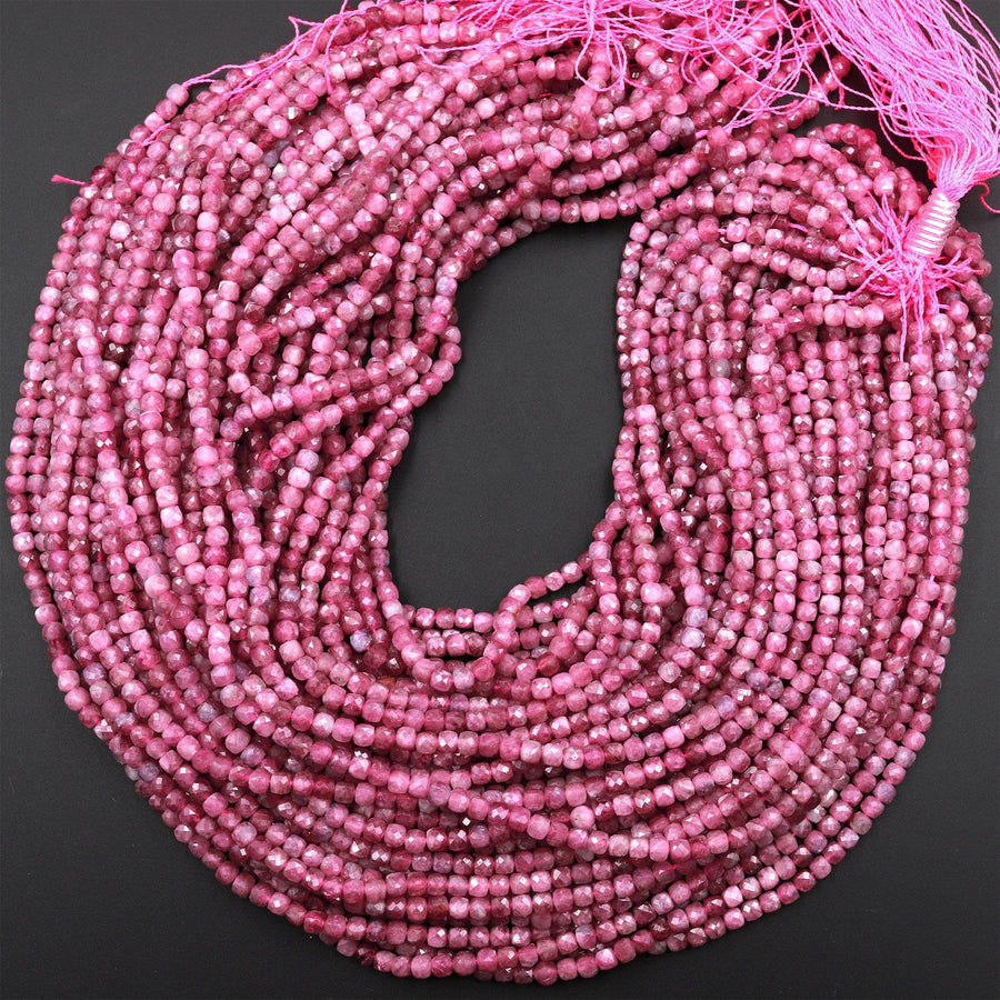 Natural Pink Tourmaline Faceted 4mm Cube Square Dice Beads Gemstone 15.5&quot; Strand
