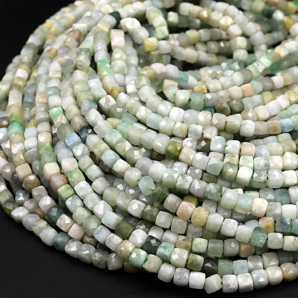 Natural Burma Green Jade Faceted 4mm Cube Square Dice Beads Gemstone 15.5&quot; Strand