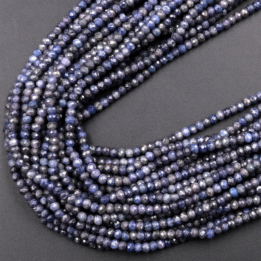 Micro Cut Faceted Natural Blue Sapphire 3mm Rondelle Beads Earthy Genuine Real Blue Sapphire Gemstone 15.5&quot; Strand