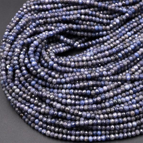 Micro Cut Faceted Natural Blue Sapphire 3mm Rondelle Beads Earthy Genuine Real Blue Sapphire Gemstone 15.5&quot; Strand