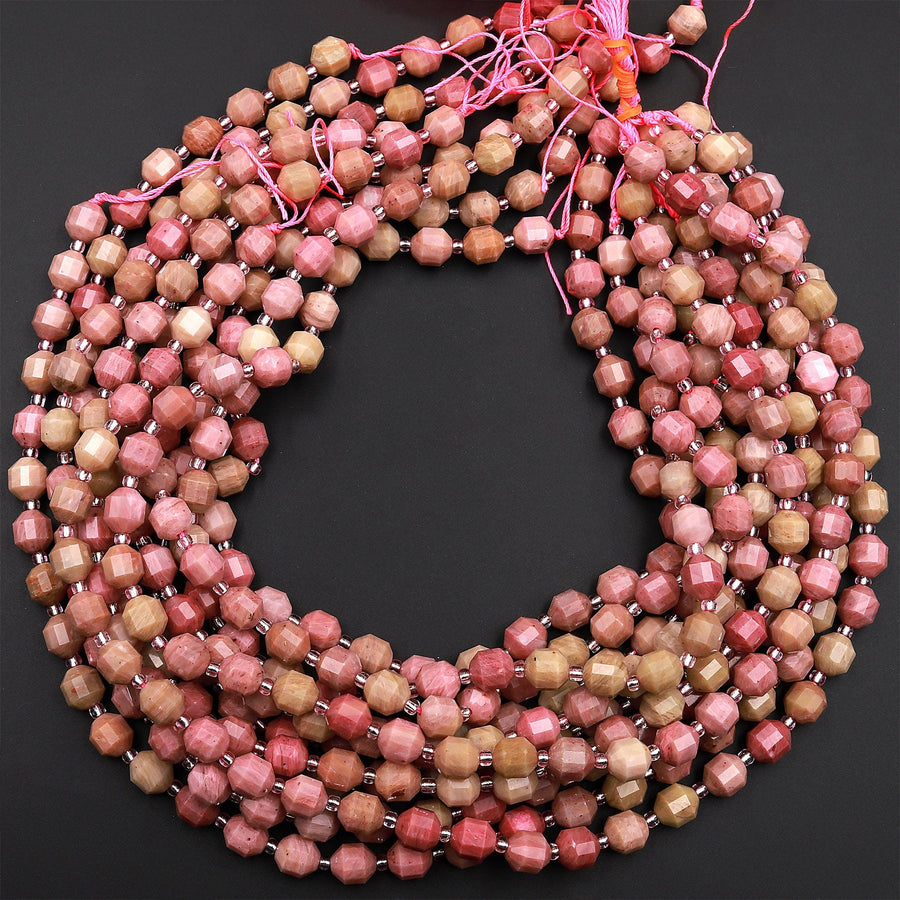 Natural Petrified Rhodonite 8mm Beads Faceted Energy Prism Double Point Cut 15.5&quot; Strand