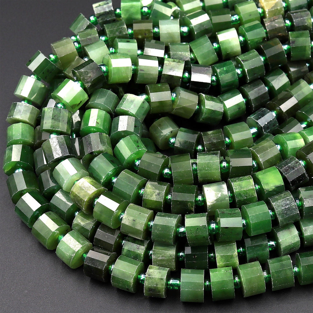 Natural Canadian Green Jade Faceted Barrel Tube Cylinder Beads Laser Diamond Cut Real Genuine Green Jade Sharp Facets Gemstone 15.5&quot; Strand