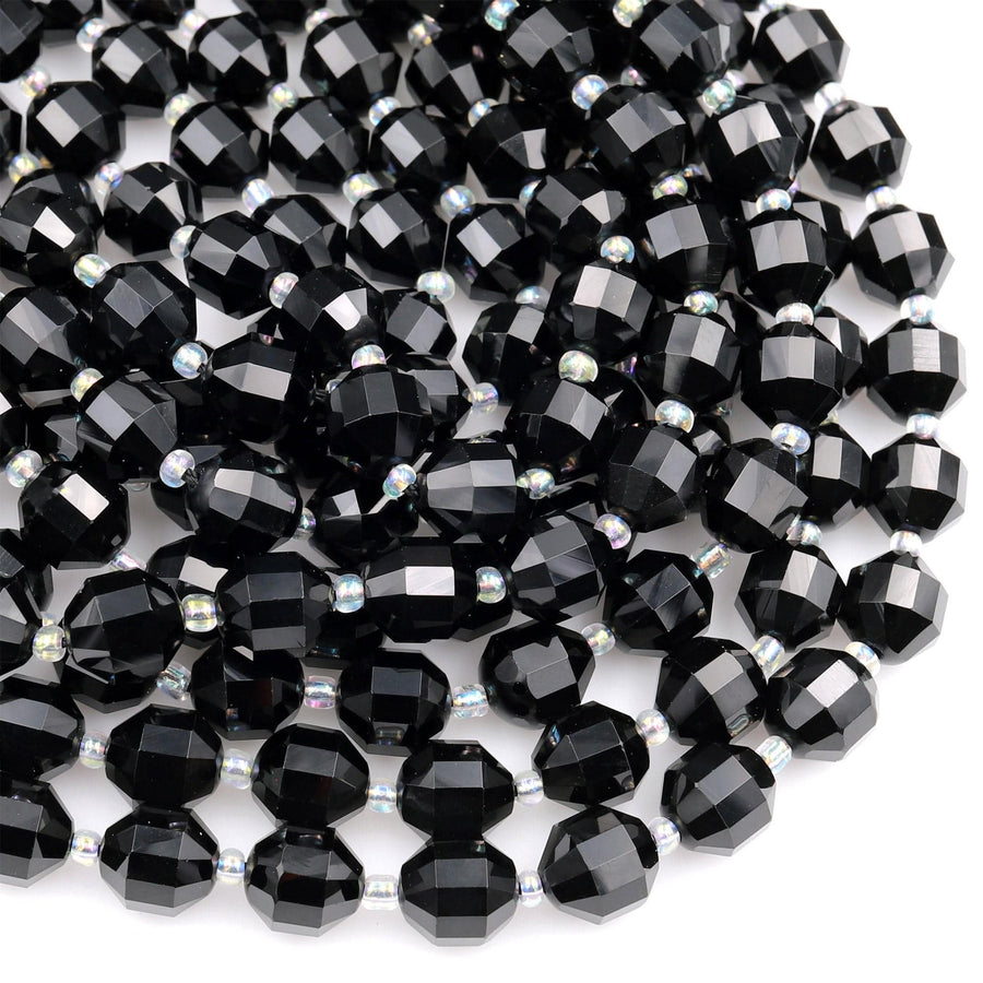 Natural Black Onyx 8mm 10mm Beads Faceted Energy Prism Double Terminated Point Cut 15.5&quot; Strand