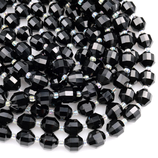 Natural Black Onyx 8mm 10mm Beads Faceted Energy Prism Double Terminated Point Cut 15.5&quot; Strand