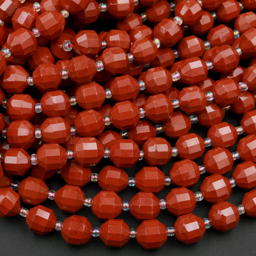 Natural Red Jasper 8mm 10mm Beads Faceted Energy Prism Double Terminated Points 15.5&quot; Strand