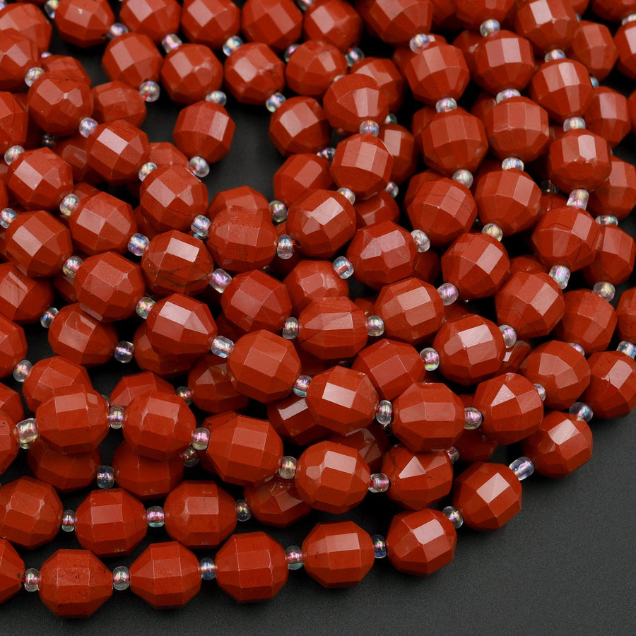 Natural Red Jasper 8mm 10mm Beads Faceted Energy Prism Double Terminated Points 15.5&quot; Strand