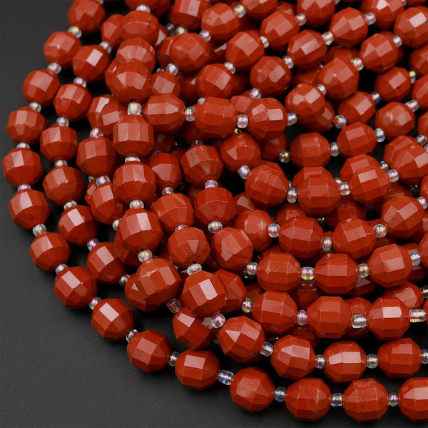 Natural Red Jasper 8mm 10mm Beads Faceted Energy Prism Double Terminated Points 15.5&quot; Strand