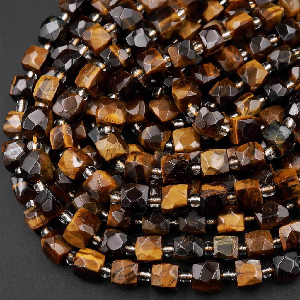 Natural Tiger&#39;s Eye Faceted 8mm Dice Cube Square Beads 15.5&quot; Strand