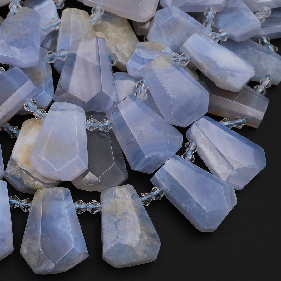 Natural Blue Chalcedony Faceted Trapezoid Rectangle Cushion Beads Unique Tapered Teardrop Shape Cut Good for Focal Pendant 15.5&quot; Strand