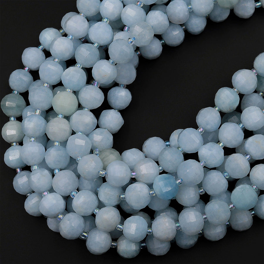 Geometric Faceted Natural Blue Aquamarine 10mm Round Beads Sparkling Dazzling Facet Gemstone 15.5&quot; Strand