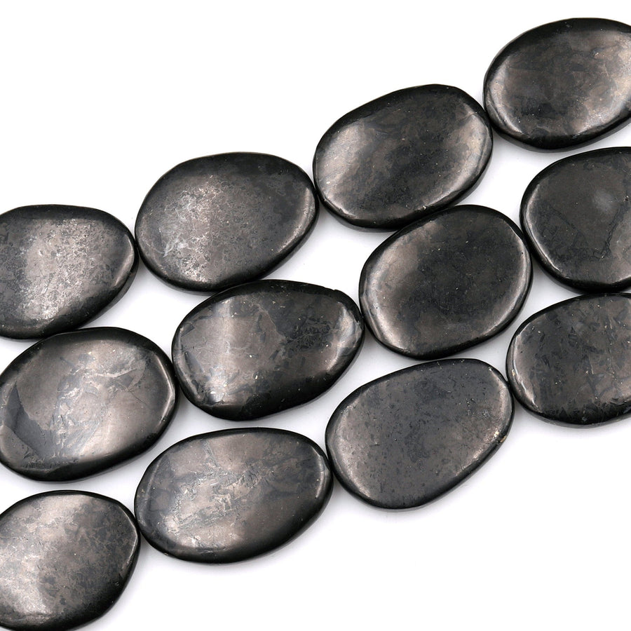 Large Genuine Natural Shungite Freeform Oval Beads High Quality Black Lustrous Gemstone from Russia 15.5&quot; Strand