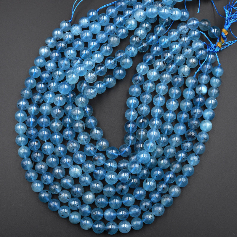 Natural Translucent Blue Aquamarine 6mm 8mm 10mm 12mm Round Beads W Black Iron Matrix 15.5&quot; Strand