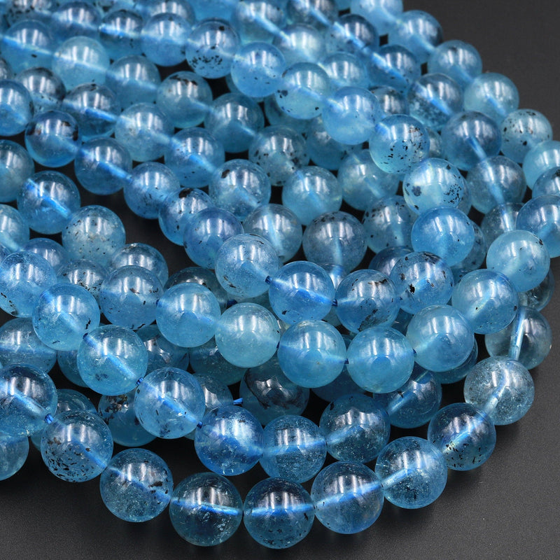 Natural Translucent Blue Aquamarine 6mm 8mm 10mm 12mm Round Beads W Black Iron Matrix 15.5&quot; Strand