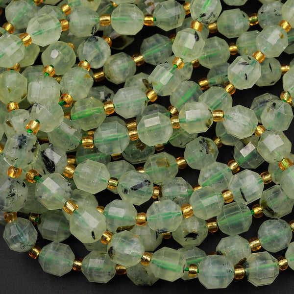 AAA Natural Prehnite 8mm 10mm Beads Faceted Energy Prism Double Terminated Point Cut 15.5&quot; Strand