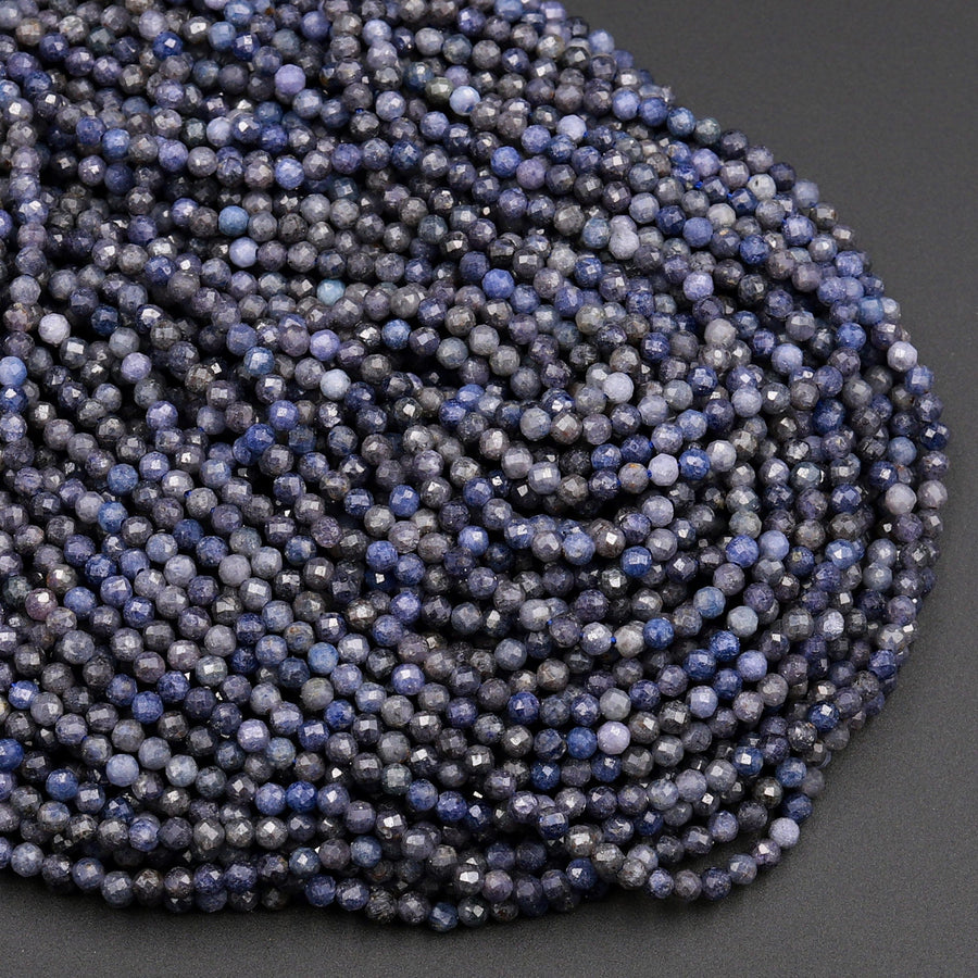 Micro Cut Faceted Natural Blue Sapphire 2mm 3mm 4mm Round Beads Earthy Genuine Real Blue Sapphire Gemstone 15.5&quot; Strand