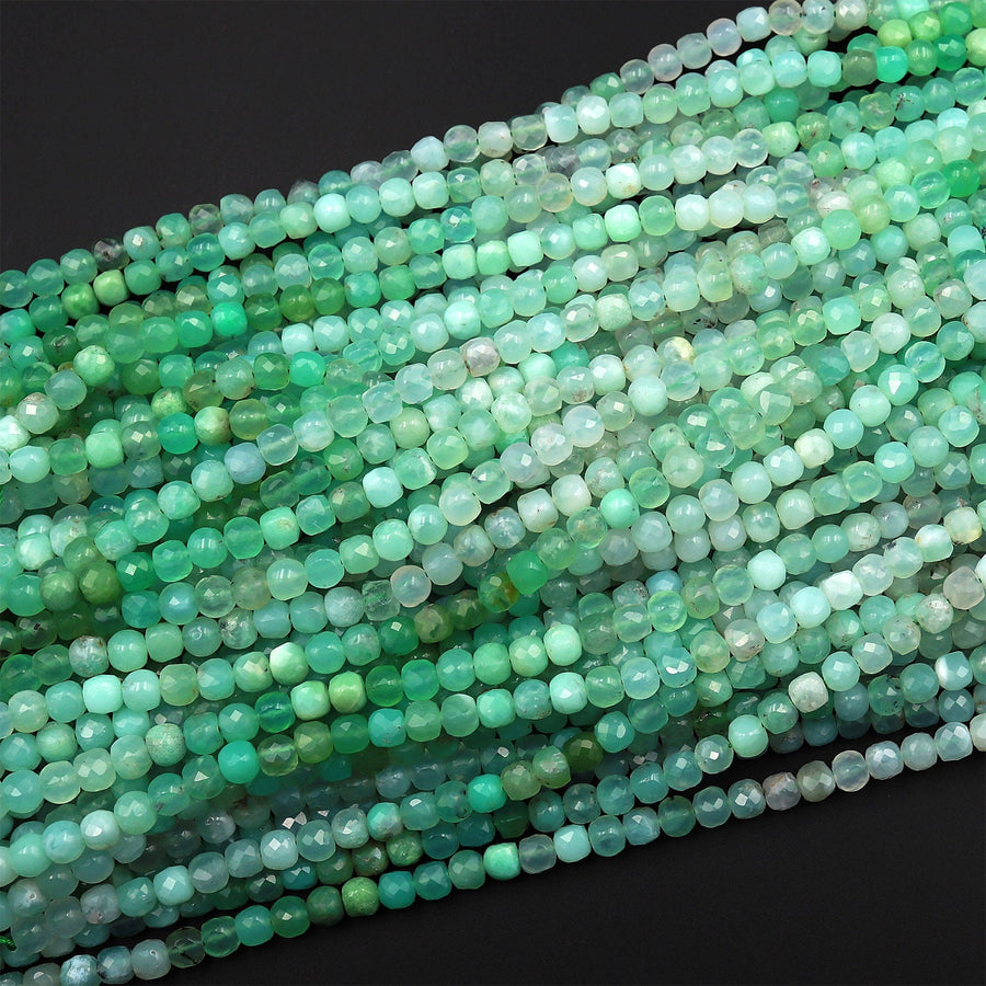 Natural Australian Green Chrysoprase Faceted 4mm Cube Square Dice Beads Gemstone 15.5&quot; Strand