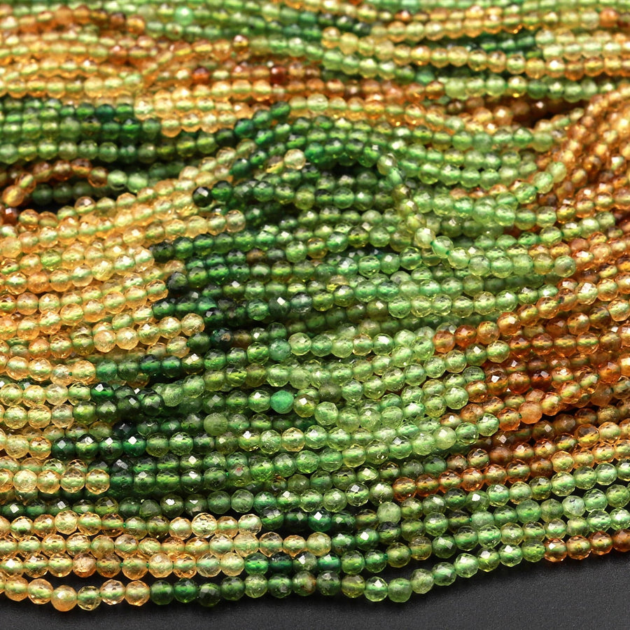 AAA Natural Multicolor Green Yellow Cognac Tourmaline Micro Faceted 2mm Round Gemstone Beads 15.5&quot; Strand