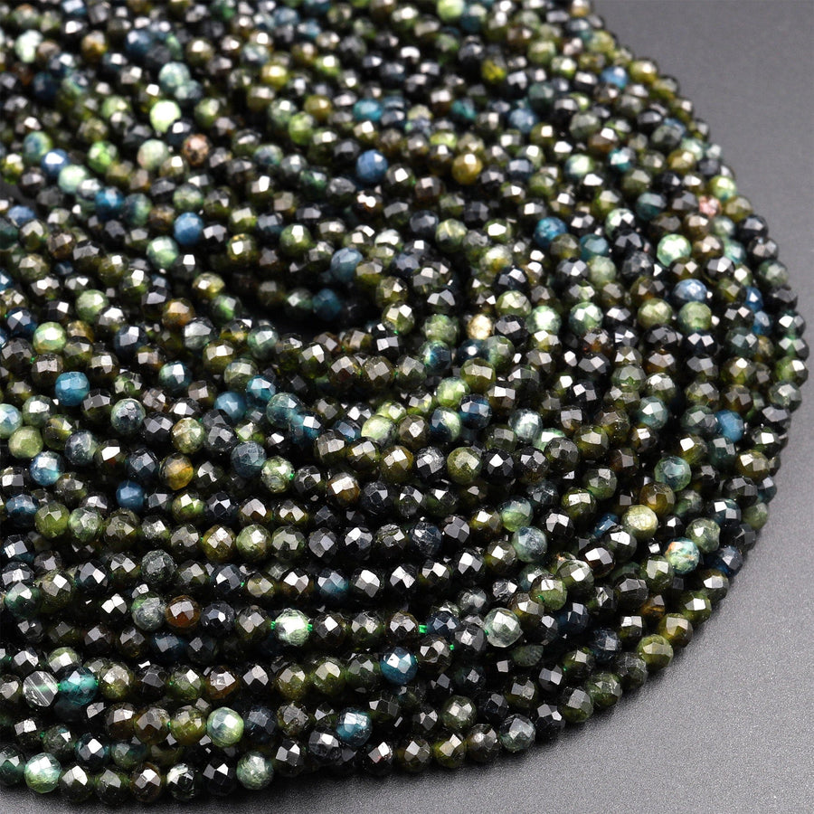 Natural Paraiba Green Tourmaline Faceted 3mm 4mm Round Beads Diamond Cut Gemstone 16&quot; Strand