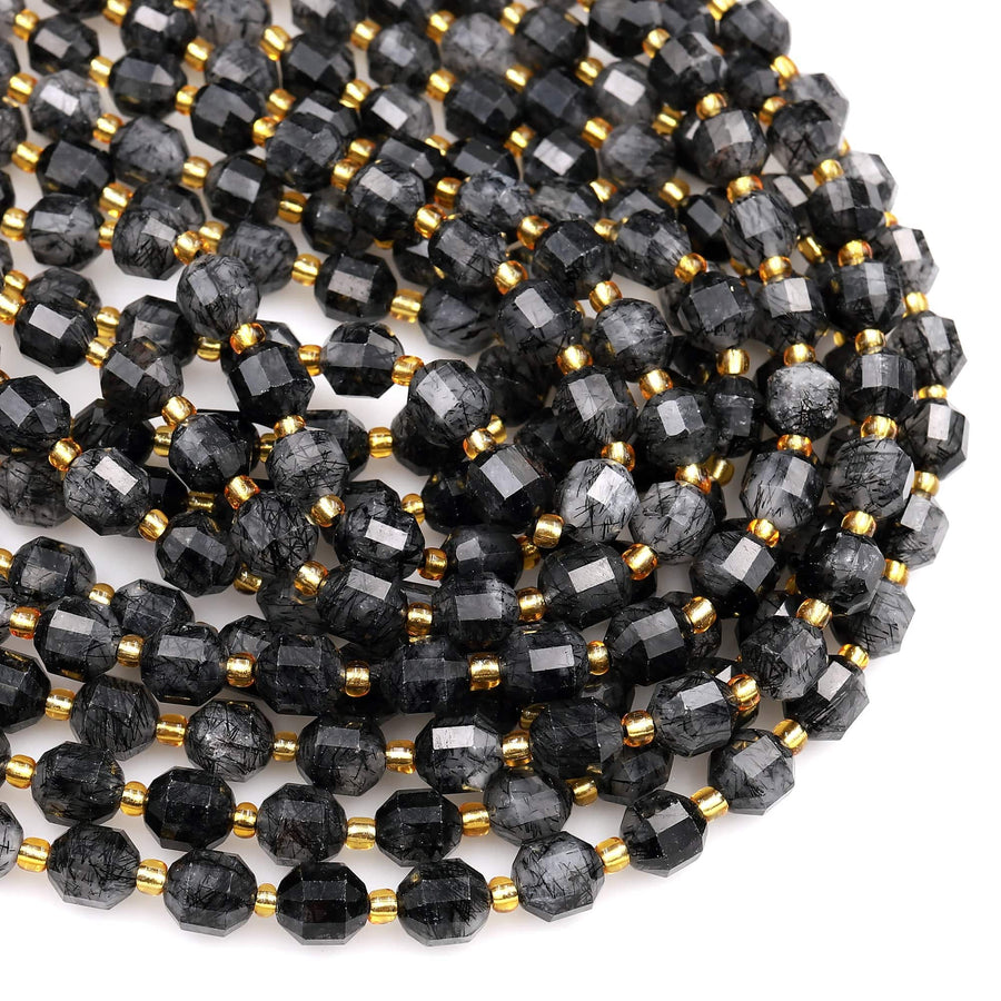 Black Tourmaline Rutilated Rutile Quartz 8mm Beads Faceted Energy Prism Double Terminated Points 15.5&quot; Strand