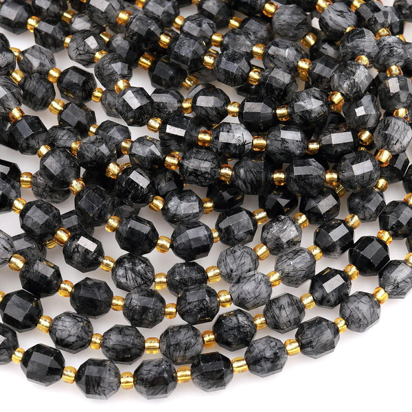 Black Tourmaline Rutilated Rutile Quartz 8mm Beads Faceted Energy Prism Double Terminated Points 15.5&quot; Strand