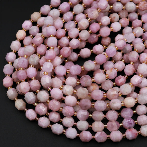Faceted Natural Kunzite 8mm Beads Pink Violet Purple Gemstone Energy Prism Double Point Cut 15.5&quot; Strand