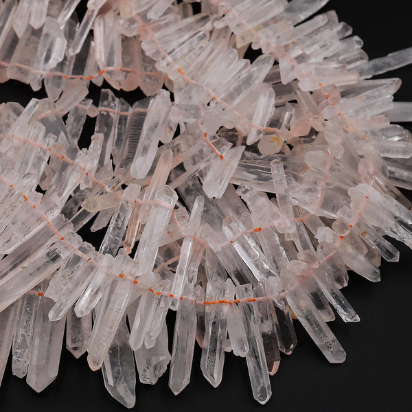 Raw Rough Matte Rock Crystal Quartz Beads Points Tips Top Side Drilled Natural Quartz Crystal Thin Fine Small Sticks Spikes 15.5&quot; Strand