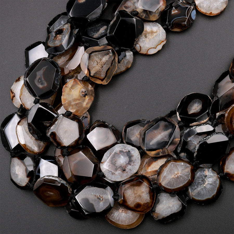 Natural Black Brown Druzy Agate Geode Slice Beads W Quartz Crystal Drusy Cave 15.5&quot; Strand