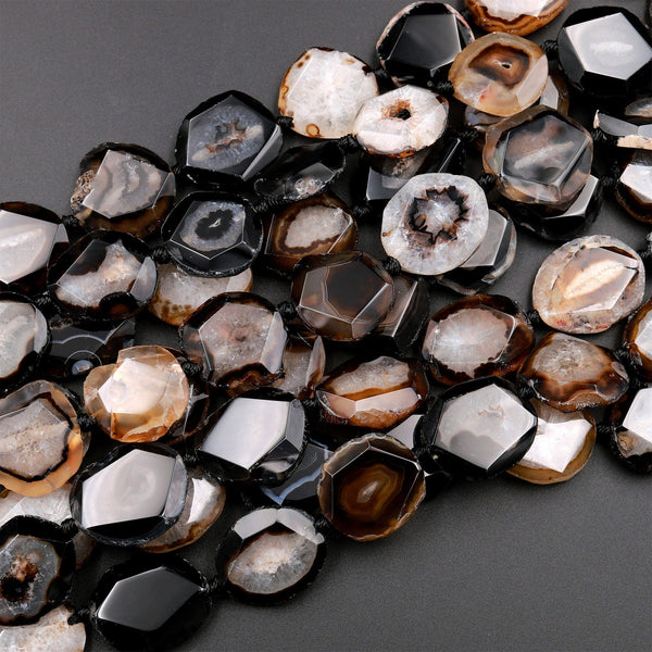 Natural Black Brown Druzy Agate Geode Slice Beads W Quartz Crystal Drusy Cave 15.5&quot; Strand