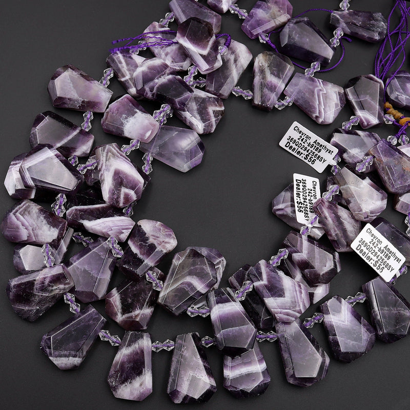 Natural Purple Chevron Amethyst Faceted Trapezoid Rectangle Cushion Beads Unique Tapered Teardrop Cut White Stripes 15.5&quot; Strand