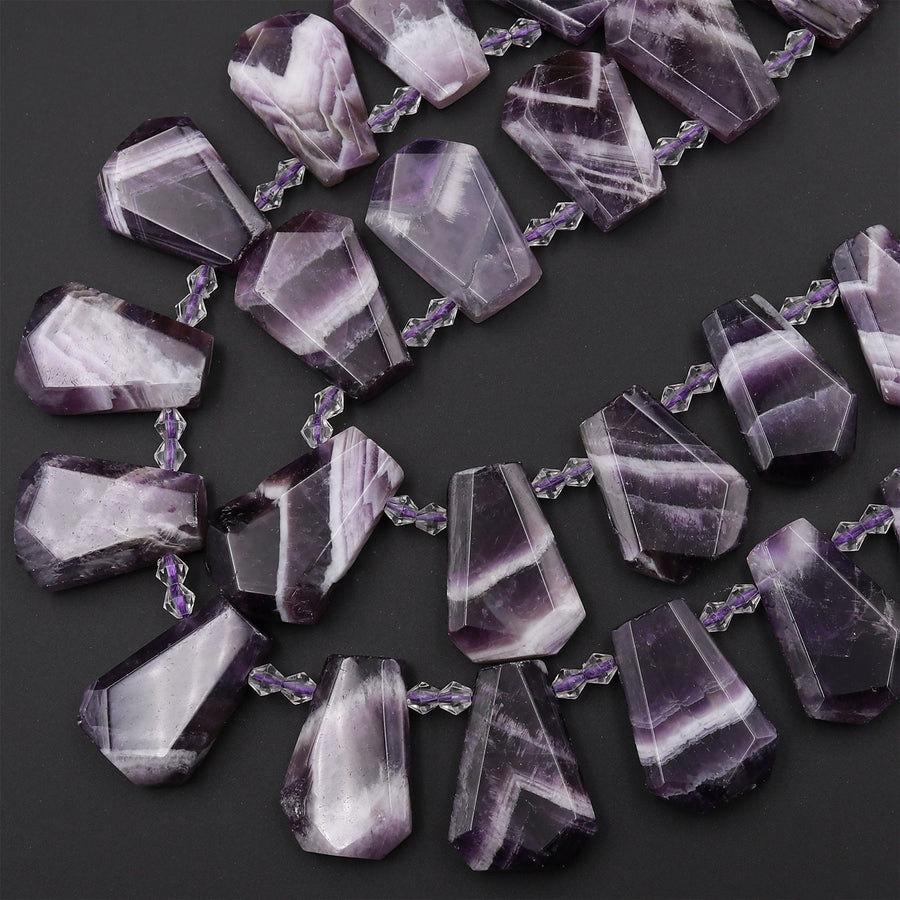 Natural Purple Chevron Amethyst Faceted Trapezoid Rectangle Cushion Beads Unique Tapered Teardrop Cut White Stripes 15.5&quot; Strand