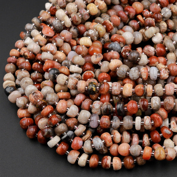Natural Red Beige Gray Fossil Coral Beads Freeform Center Drilled Rondelle Disc Organic Cut Nuggets 15.5&quot; Strand