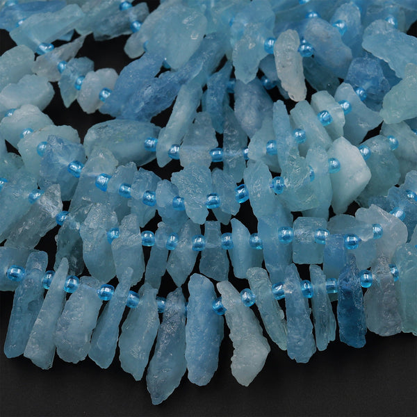 AAA Rough Raw Natural Aquamarine Freeform Beads Side Drilled Slice Drop Hand Hammered Chiseled Blue Gemstone Organic Cut 16&quot; Strand