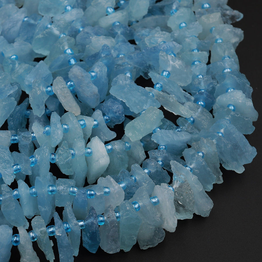 AAA Rough Raw Natural Aquamarine Freeform Beads Side Drilled Slice Drop Hand Hammered Chiseled Blue Gemstone Organic Cut 16&quot; Strand