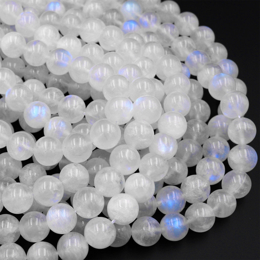 AAA Natural Rainbow Moonstone Round Beads 4mm 6mm 8mm 10mm 11mm 12mm 14mm Blue Flashes Super Translucent Gemstone 15.5&quot; Strand
