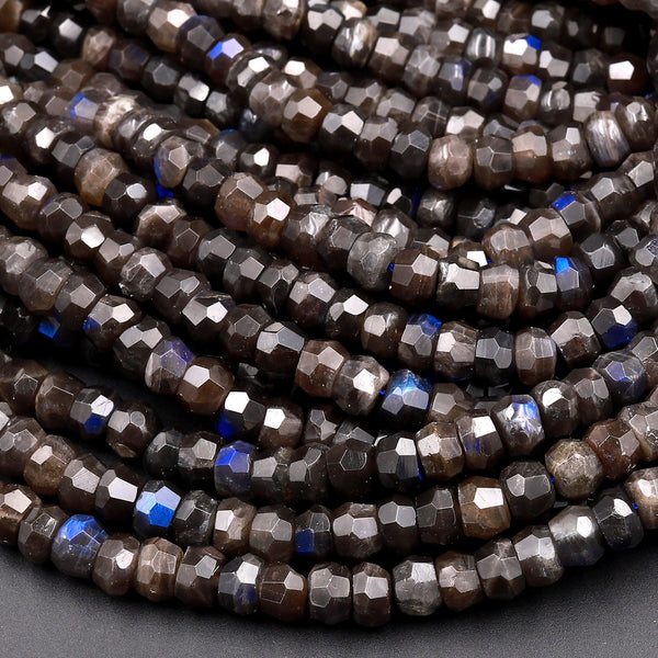 Rare Natural Black Labradorite Faceted Rondelle Beads 6mm 8mm 10mm Blue Flashes in Deep Dark Chocolate Background 15.5&quot; Strand