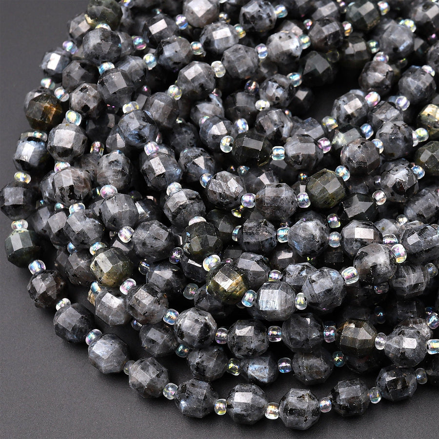 Natural Larvikite 8mm 10mm Beads Faceted Energy Prism Double Terminated Points Aka Norway Moonstone 15.5&quot; Strand