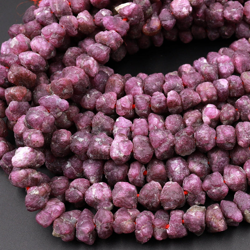 Rough Raw Natural Ruby Beads Freeform Nugget Organic Hand Hammered Genuine Pink Ruby Gemstone  15.5&quot; Strand