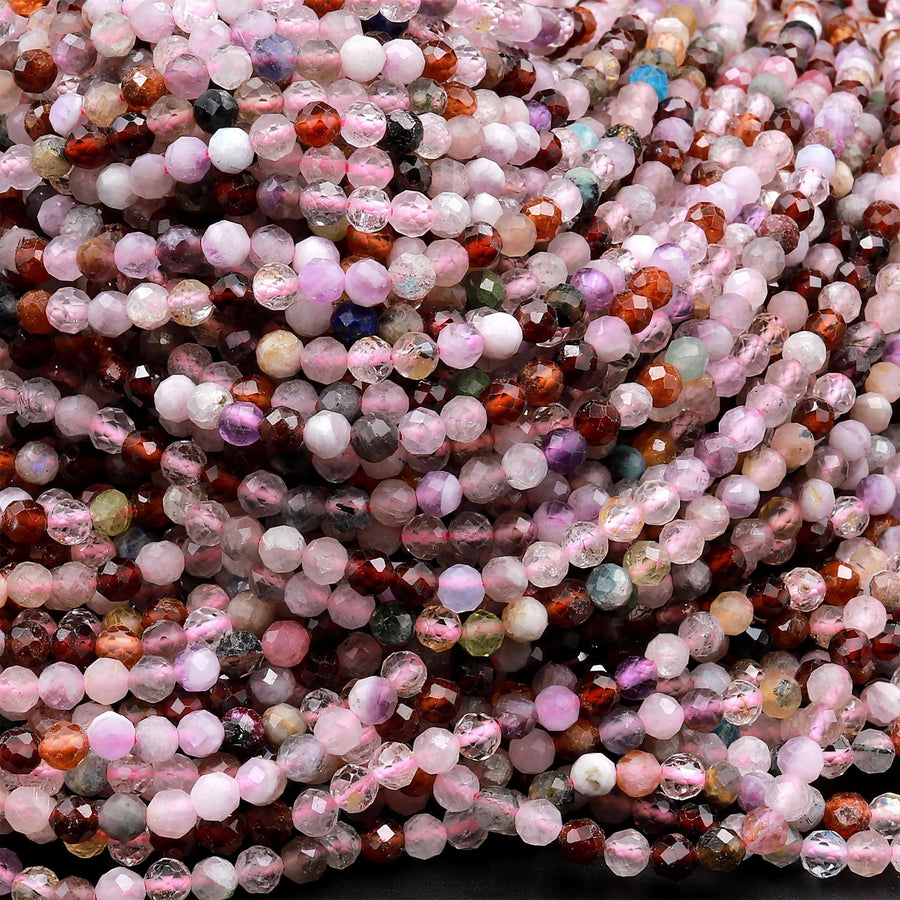 Micro Faceted Multicolor Gemstone Round Beads 2mm 3mm 4mm Garnet Amethyst Rose Quartz Tourmaline Laser Diamond Cut Gemstone 15.5&quot; Strand