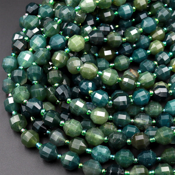 Natural Blue Green Indian Agate 8mm 10mm Beads Faceted Energy Prism Double Terminated Points 15.5&quot; Strand